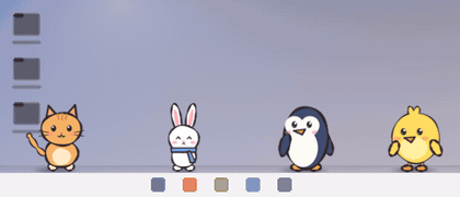 여러 캐릭터가 작업표시줄 위를 걸어다니며 손을 흔들고 하트를 날린다